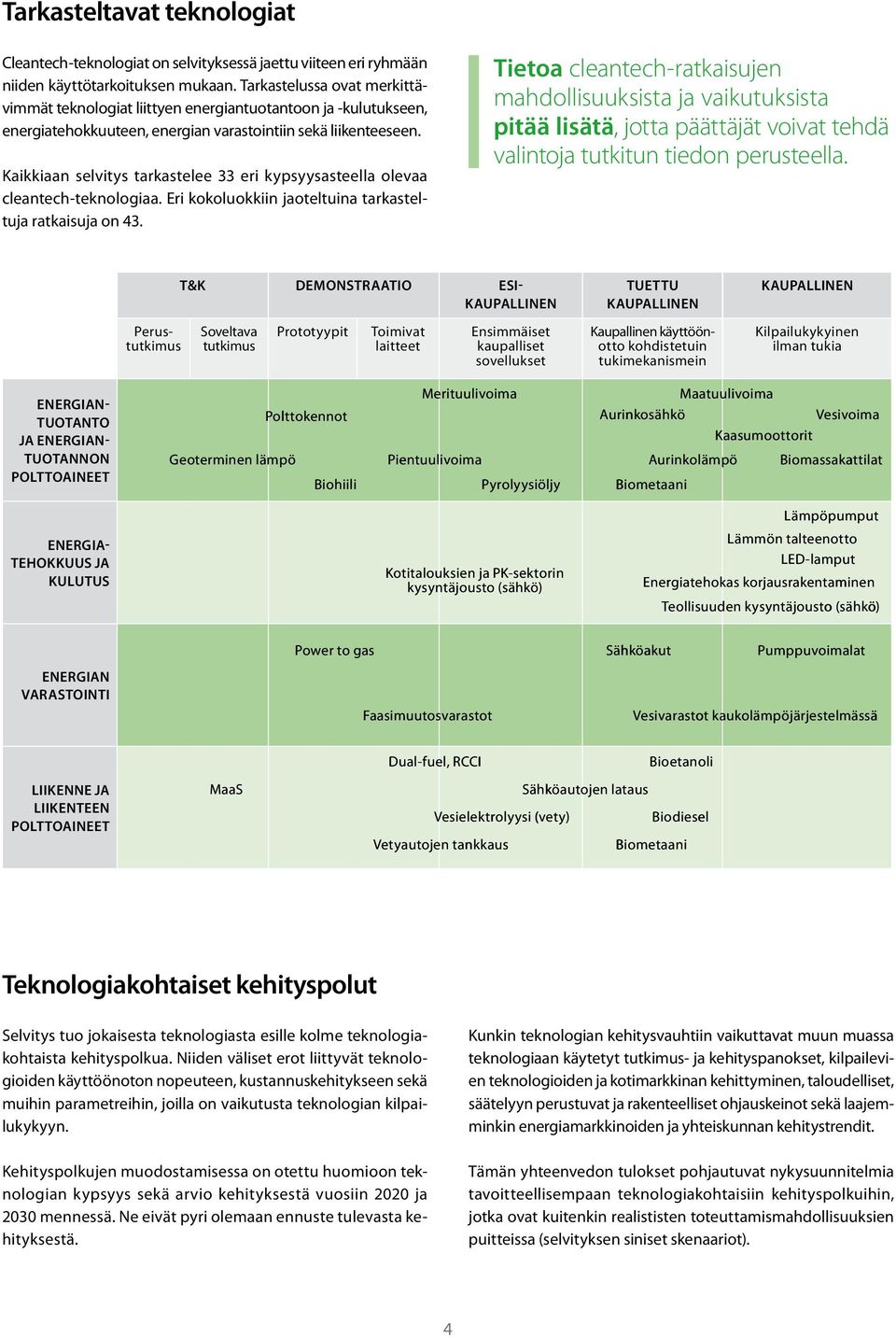 Kaikkiaan selvitys tarkastelee 33 eri kypsyysasteella olevaa cleantech-teknologiaa. Eri kokoluokkiin jaoteltuina tarkasteltuja ratkaisuja on 43.