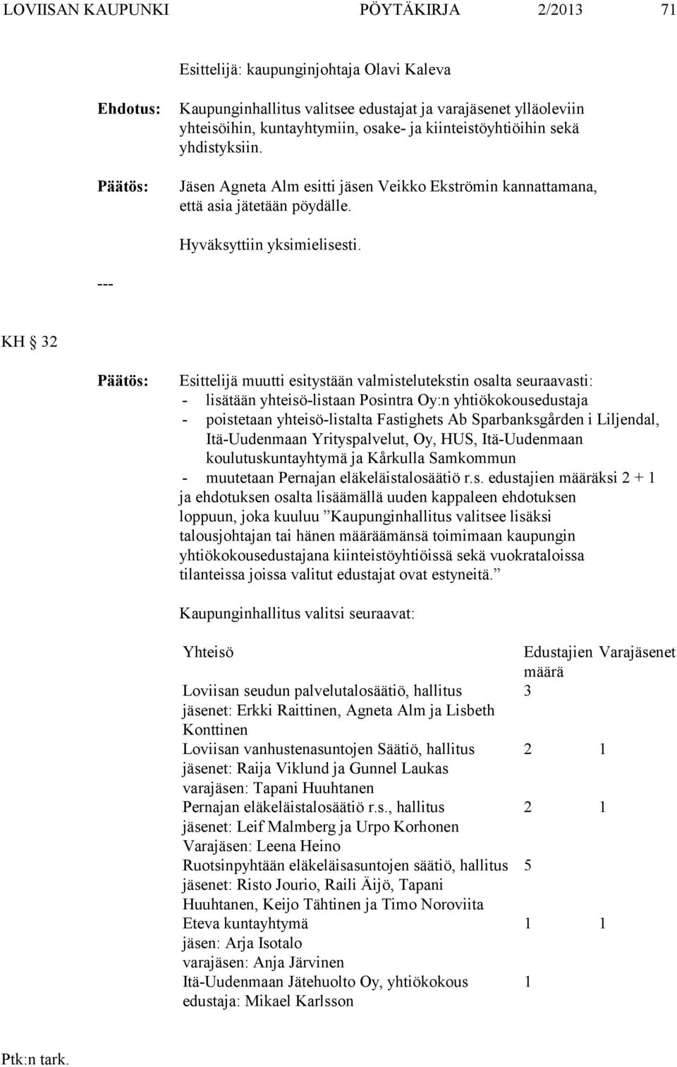 --- KH 32 Päätös: Esittelijä muutti esitystään valmistelutekstin osalta seuraavasti: - lisätään yhteisö-listaan Posintra Oy:n edustaja - poistetaan yhteisö-listalta Fastighets Ab Sparbanksgården i