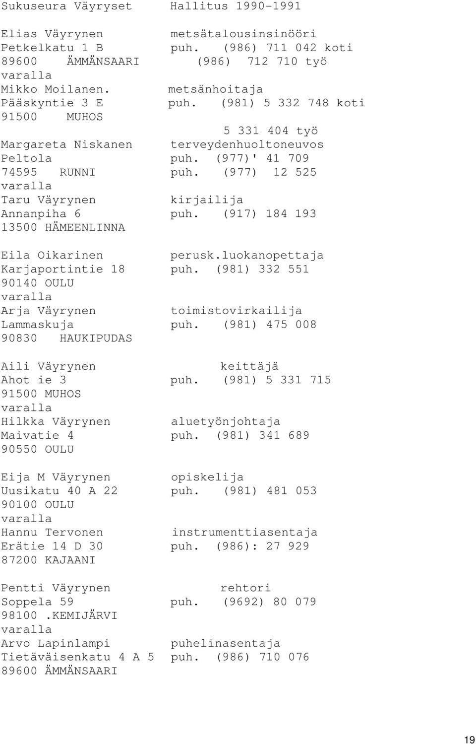(977) 12 525 varalla Taru Väyrynen kirjailija Annanpiha 6 puh. (917) 184 193 13500 HÄMEENLINNA Eila Oikarinen perusk.luokanopettaja Karjaportintie 18 puh.