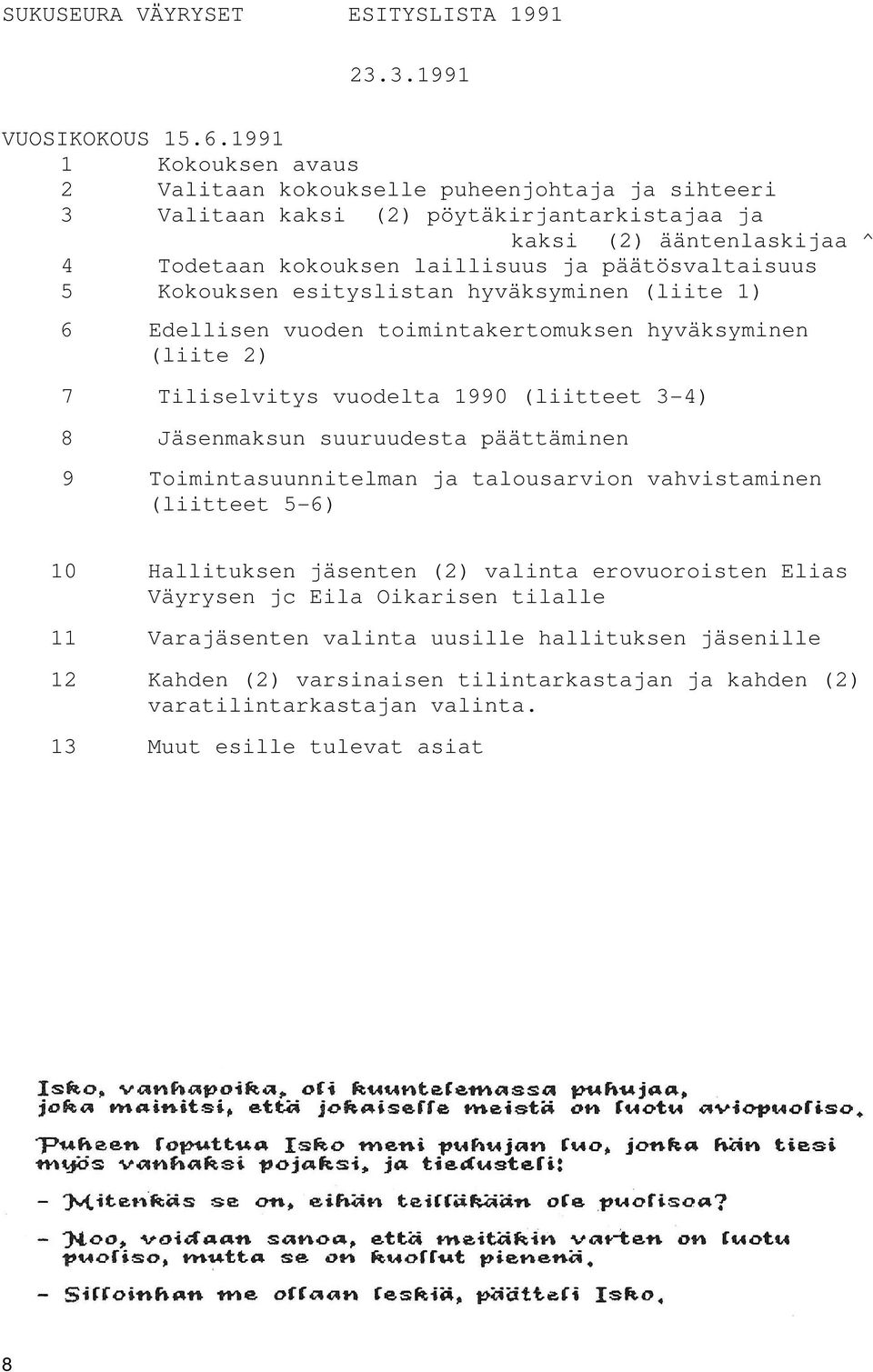 päätösvaltaisuus 5 Kokouksen esityslistan hyväksyminen (liite 1) 6 Edellisen vuoden toimintakertomuksen hyväksyminen (liite 2) 7 Tiliselvitys vuodelta 1990 (liitteet 3-4) 8 Jäsenmaksun