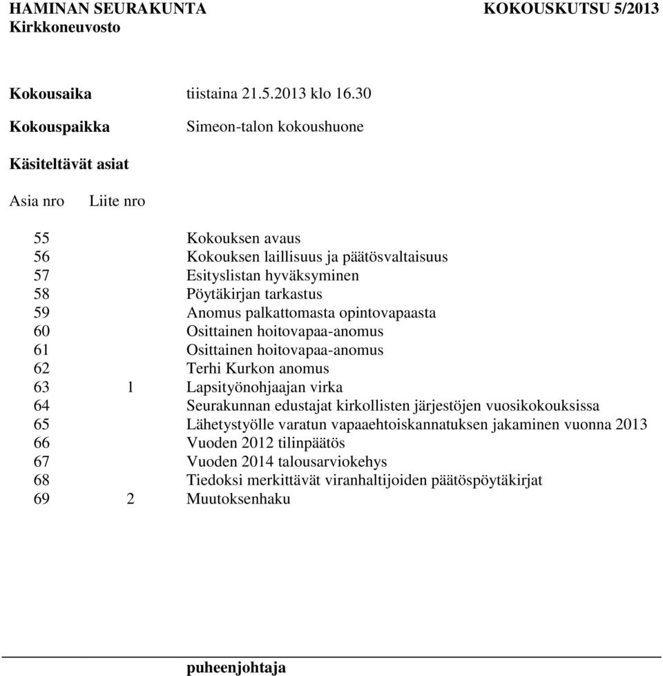 Pöytäkirjan tarkastus 59 Anomus palkattomasta opintovapaasta 60 Osittainen hoitovapaa-anomus 61 Osittainen hoitovapaa-anomus 62 Terhi Kurkon anomus 63 1 Lapsityönohjaajan