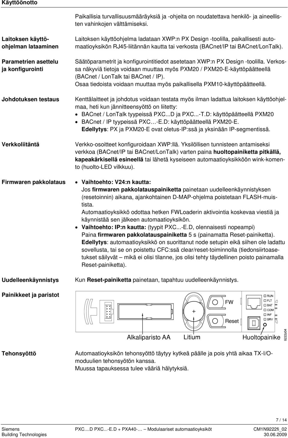 ladataan XWP:n PX Design -toolilla, paikallisesti automaatioyksikön RJ45-liitännän kautta tai verkosta (BACnet/IP tai BACnet/LonTalk).