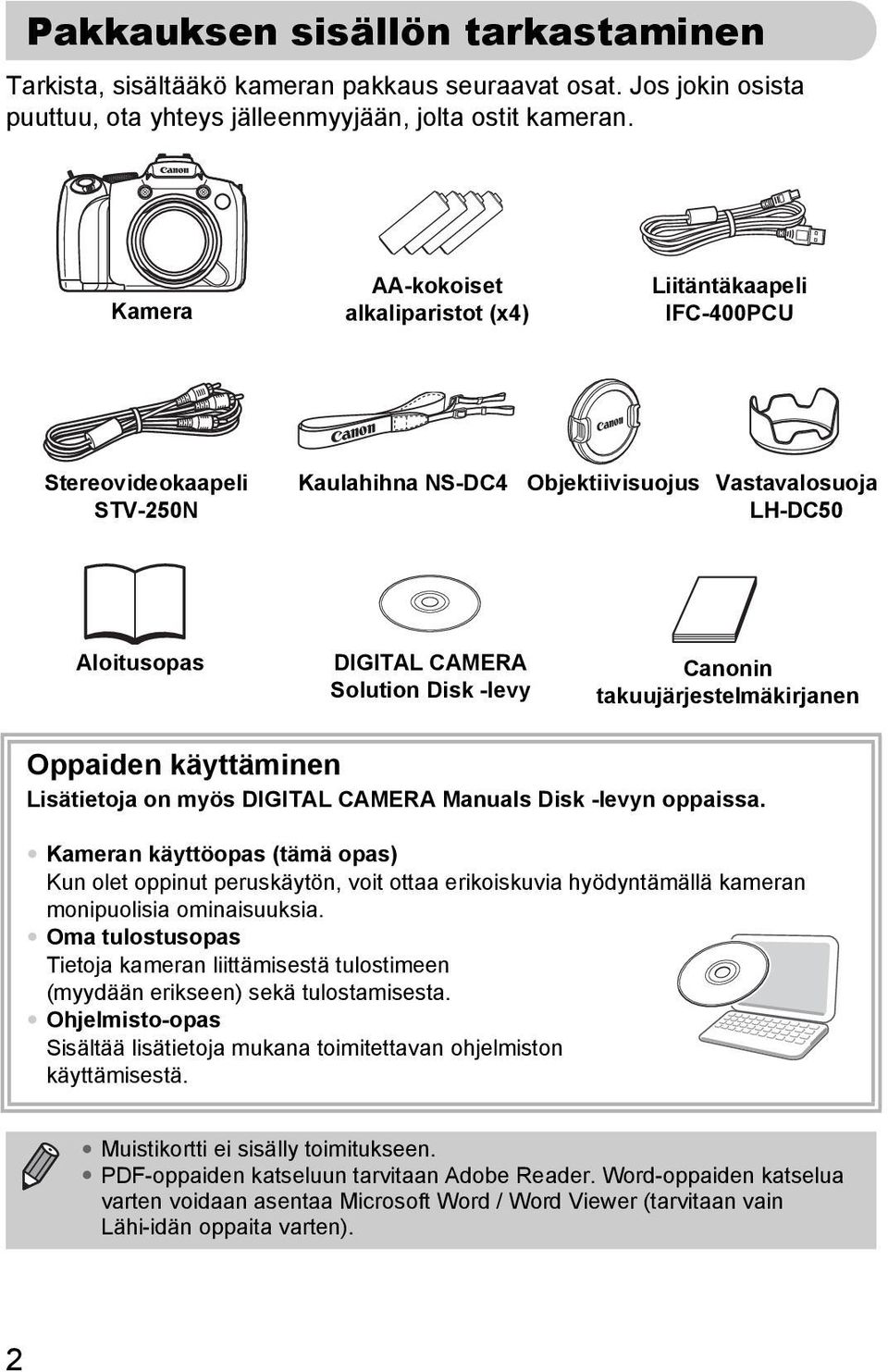 Canonin takuujärjestelmäkirjanen Oppaiden käyttäminen Lisätietoja on myös DIGITAL CAMERA Manuals Disk -levyn oppaissa.