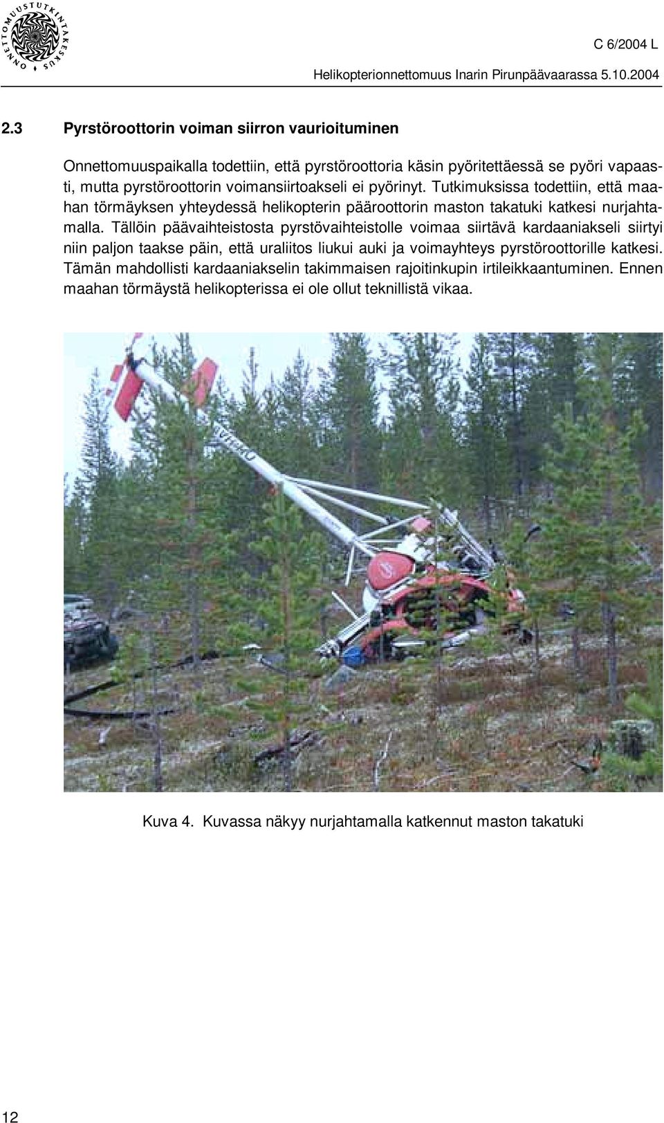 Tällöin päävaihteistosta pyrstövaihteistolle voimaa siirtävä kardaaniakseli siirtyi niin paljon taakse päin, että uraliitos liukui auki ja voimayhteys pyrstöroottorille katkesi.