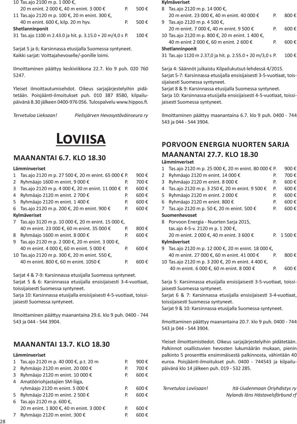 Yleiset ilmoittautumisehdot. Oikeus sarjajärjestelyihin pidätetään. Poisjäänti-ilmoitukset puh. 010 387 8580, kilpailupäivänä 8.30 jälkeen 0400-976 056. Tulospalvelu www.hippos.fi.