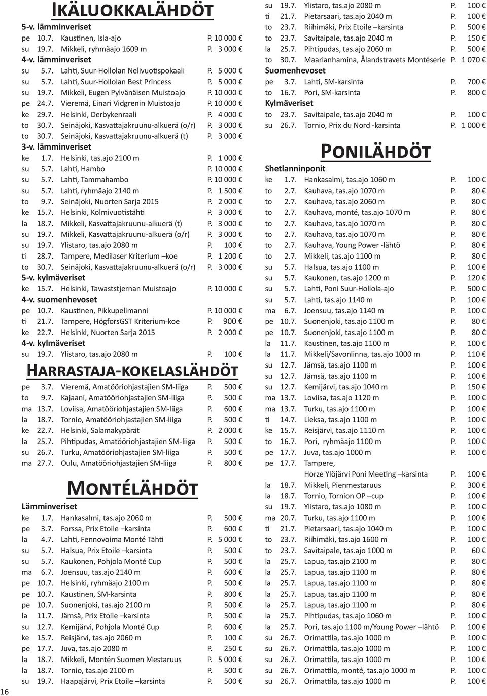 4 000 to 30.7. Seinäjoki, Kasvattajakruunu-alkuerä (o/r) P. 3 000 to 30.7. Seinäjoki, Kasvattajakruunu-alkuerä (t) P. 3 000 3-v. lämminveriset ke 1.7. Helsinki, tas.ajo 2100 m P. 1 000 su 5.7. Lahti, Hambo P.