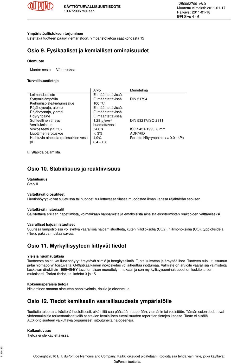 Räjähdysraja, alempi Räjähdysraja, ylempi Höyrynpaine Suhteellinen tiheys 1,28 g/cm 3 DIN 53217/ISO 2811 Vesiliukoisuus huomattavasti Viskositeetti (23 C) >60 s ISO 2431-1993 6 mm Liuottimen