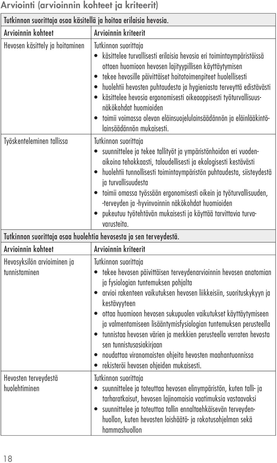 hoitotoimenpiteet huolellisesti huolehtii hevosten puhtaudesta ja hygieniasta terveyttä edistävästi käsittelee hevosia ergonomisesti oikeaoppisesti työturvallisuusnäkökohdat huomioiden toimii
