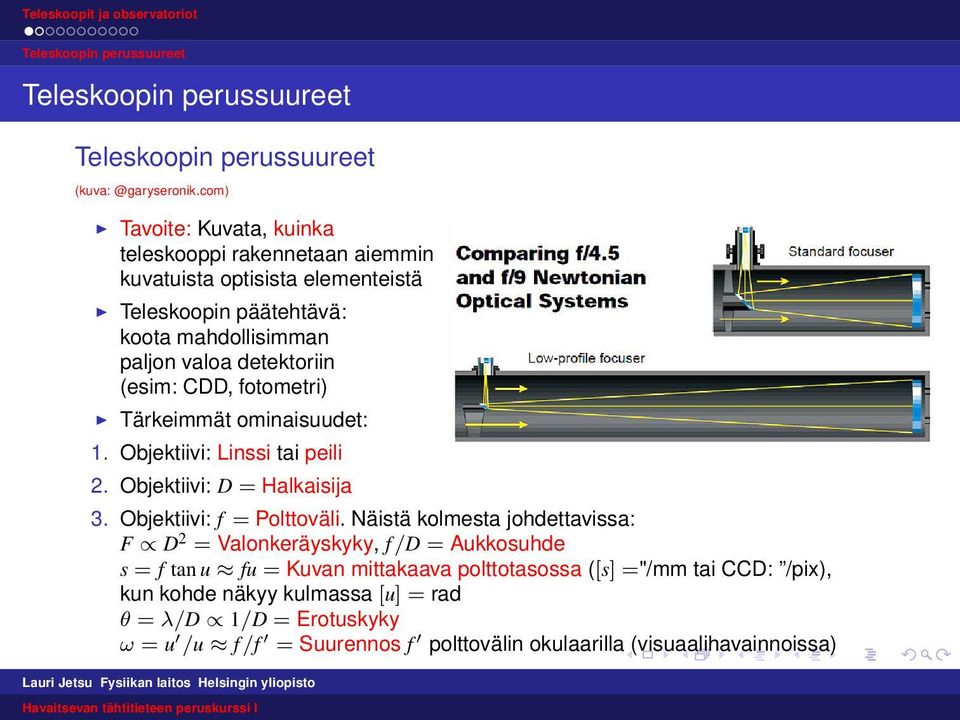 detektoriin (esim: CDD, fotometri) Tärkeimmät ominaisuudet: 1. Objektiivi: Linssi tai peili 2. Objektiivi: D = Halkaisija 3. Objektiivi: f = Polttoväli.