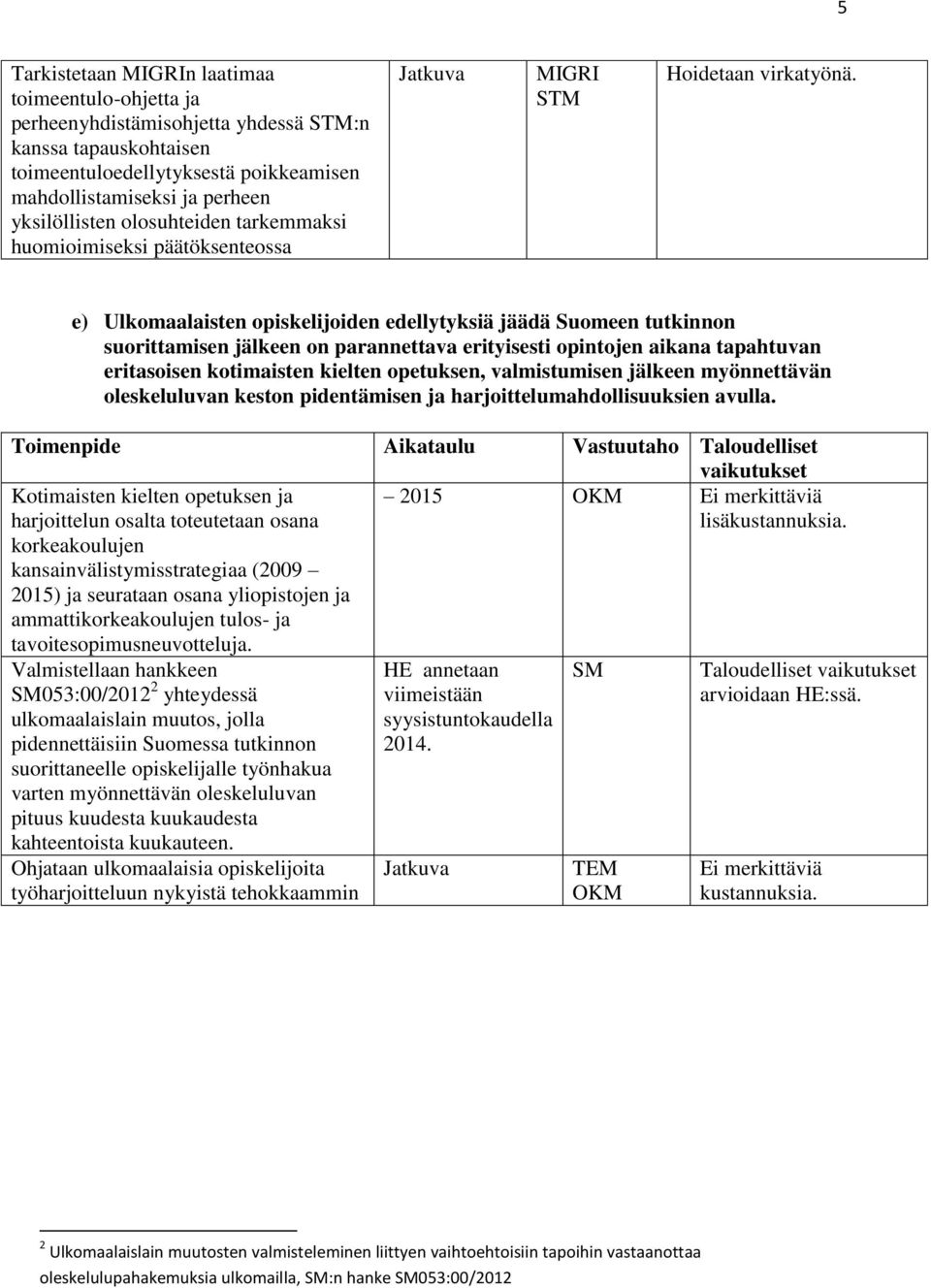 tapahtuvan eritasoisen kotimaisten kielten opetuksen, valmistumisen jälkeen myönnettävän oleskeluluvan keston pidentämisen ja harjoittelumahdollisuuksien avulla.