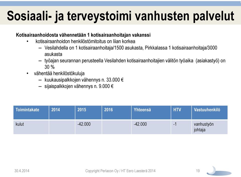 kotisairaanhoitajien välitön työaika (asiakastyö) on 30 % vähentää henkilöstökuluja kuukausipalkkojen vähennys n. 33.000 sijaispalkkojen vähennys n. 9.