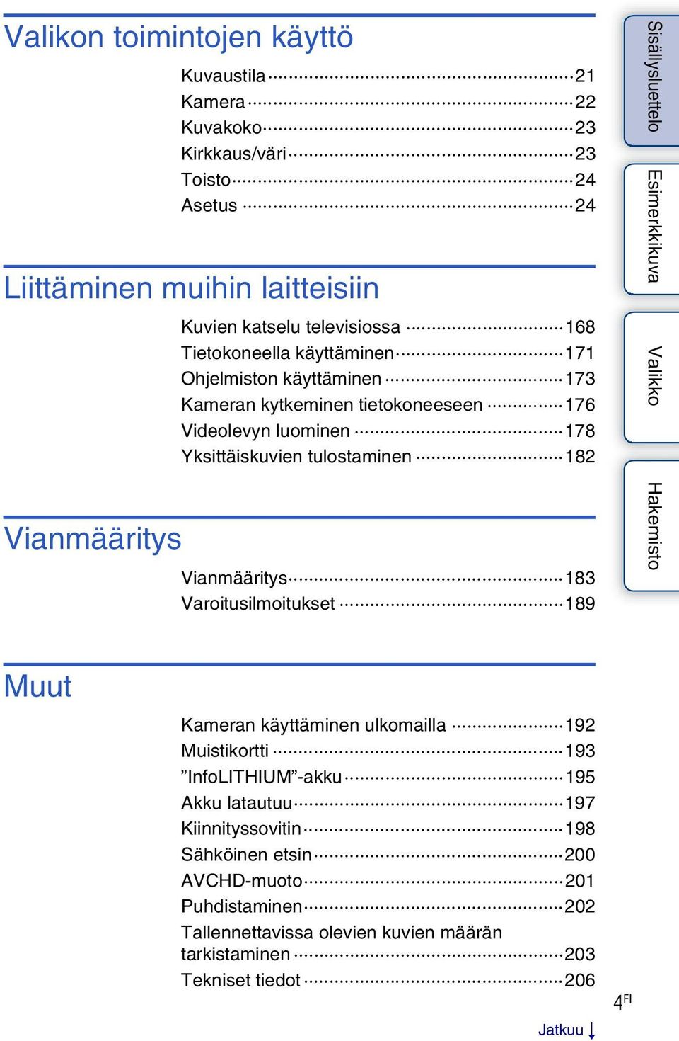 Yksittäiskuvien tulostaminen 182 Vianmääritys 183 Varoitusilmoitukset 189 Muut Kameran käyttäminen ulkomailla 192 Muistikortti 193 InfoLITHIUM -akku 195 Akku