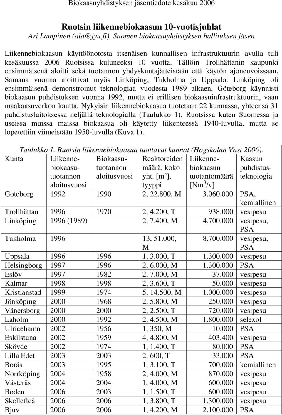 Tällöin Trollhättanin kaupunki ensimmäisenä aloitti sekä tuotannon yhdyskuntajätteistään että käytön ajoneuvoissaan. Samana vuonna aloittivat myös Linköping, Tukholma ja Uppsala.