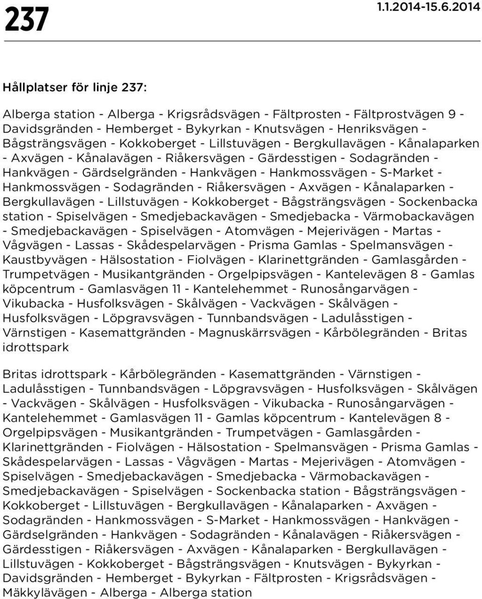 Hankmossvägen - Sodagränden - Riåkersvägen - Axvägen - Kånalaparken - Bergkullavägen - Lillstuvägen - Kokkoberget - Bågsträngsvägen - Sockenbacka station - Spiselvägen - Smedjebackavägen -