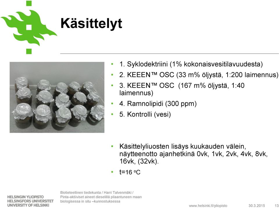 KEEEN OSC (167 m% öljystä, 1:40 laimennus) 4. Ramnolipidi (300 ppm) 5.