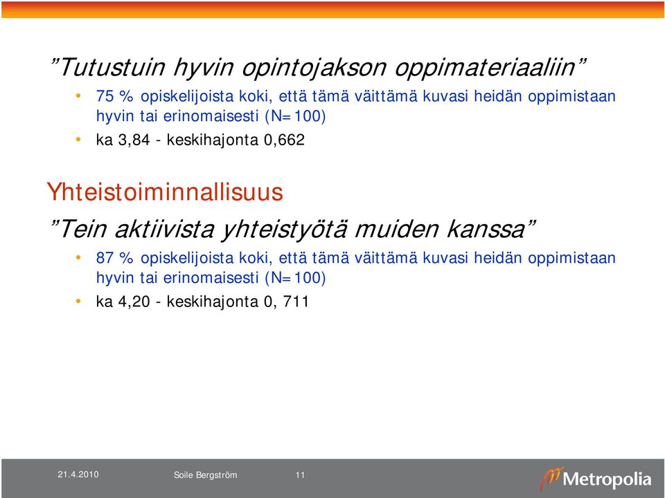 Yhteistoiminnallisuus Tein aktiivista yhteistyötä muiden kanssa 87 % opiskelijoista koki, että