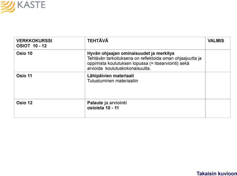 koulutuksen lopussa (= itsearviointi) sekä arvioida koulutuskokonaisuutta.