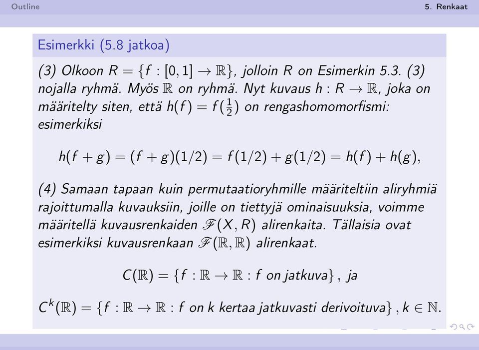 h(g), (4) Samaan tapaan kuin permutaatioryhmille määriteltiin aliryhmiä rajoittumalla kuvauksiin, joille on tiettyjä ominaisuuksia, voimme määritellä