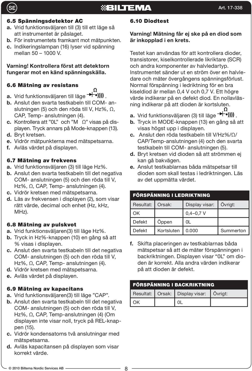 b. Anslut den svarta testkabeln till COM- anslutningen (5) och den röda till V, Hz%, Ω, CAP, Temp- anslutningen (4). c. Kontrollera att 0L och M Ω visas på displayen.