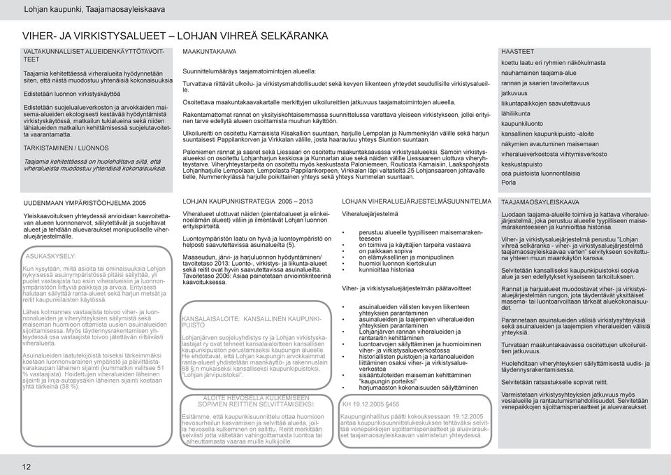 lähialueiden matkailun kehittämisessä suojelutavoitetta vaarantamatta. TARKISTAMINEN / LUONNOS Taajamia kehitettäessä on huolehdittava siitä, että viheralueista muodostuu yhtenäisiä kokonaisuuksia.