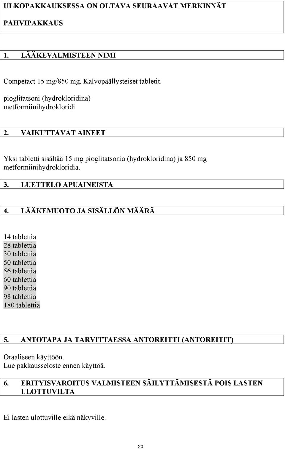 LUETTELO APUAINEISTA 4. LÄÄKEMUOTO JA SISÄLLÖN MÄÄRÄ 14 tablettia 28 tablettia 30 tablettia 50 tablettia 56 tablettia 60 tablettia 90 tablettia 98 tablettia 180 tablettia 5.