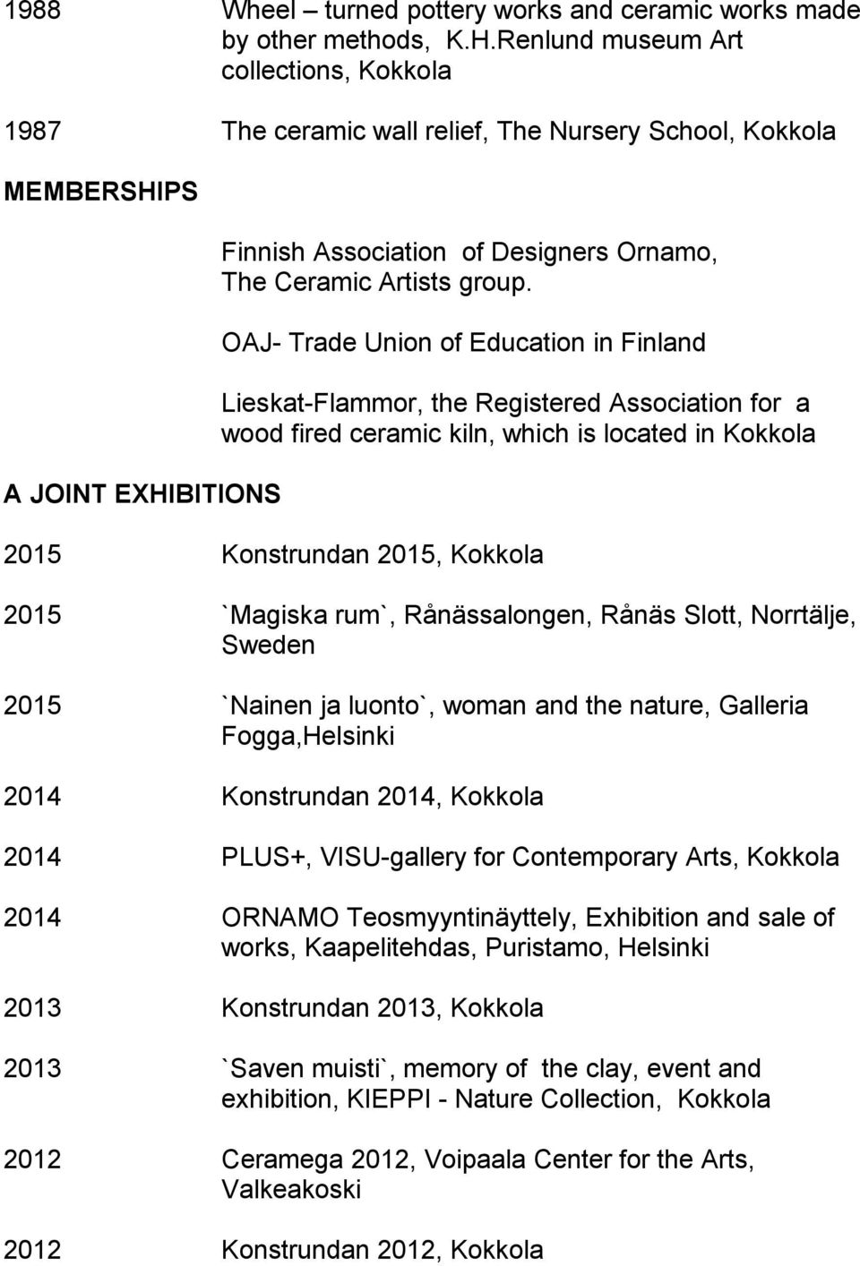 OAJ- Trade Union of Education in Finland Lieskat-Flammor, the Registered Association for a wood fired ceramic kiln, which is located in Kokkola 2015 Konstrundan 2015, Kokkola 2015 `Magiska rum`,