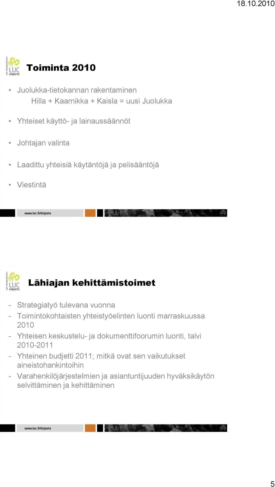 Toimintokohtaisten yhteistyöelinten luonti marraskuussa 2010 - Yhteisen keskustelu- ja dokumenttifoorumin luonti, talvi 2010-2011 -