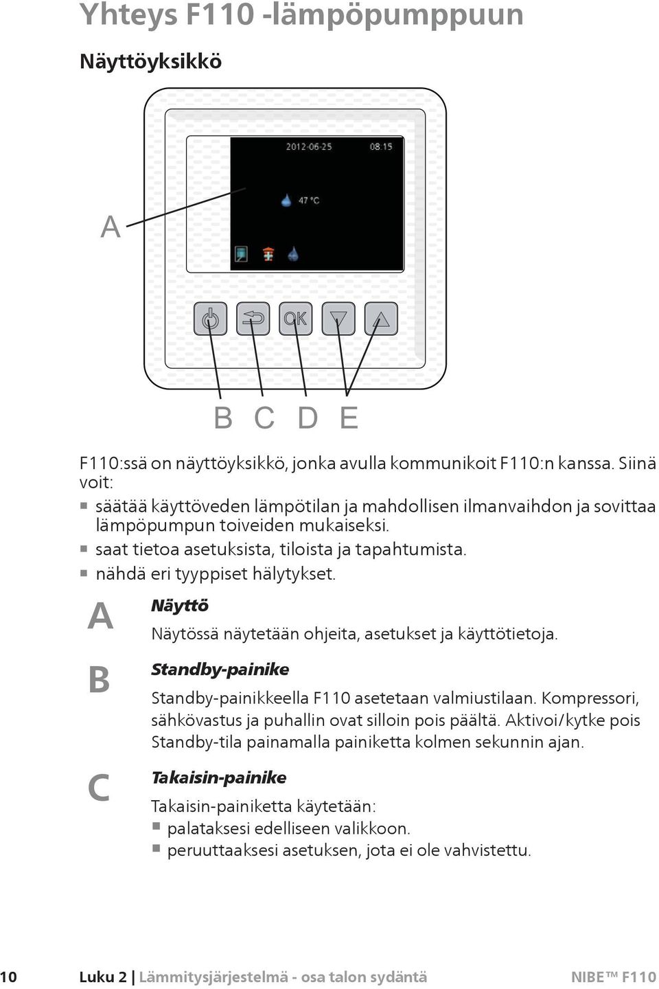 nähdä eri tyyppiset hälytykset. A Näyttö Näytössä näytetään ohjeita, asetukset ja käyttötietoja. B C Standby-painike Standby-painikkeella F110 asetetaan valmiustilaan.