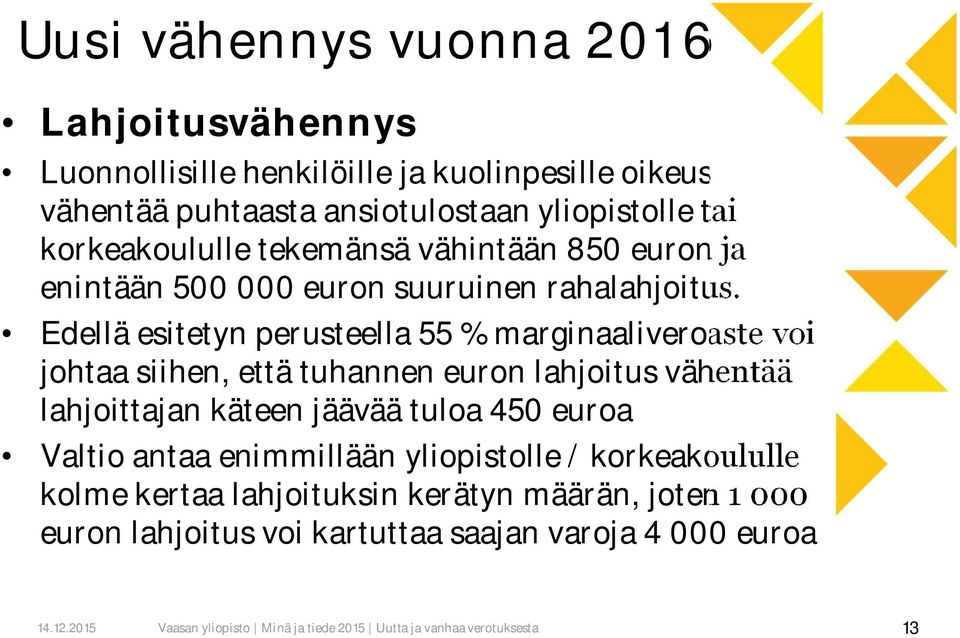 Edellä esitetyn perusteella 55 % marginaaliveroaste voi johtaa siihen, että tuhannen euron lahjoitus vähentää lahjoittajan käteen jäävää