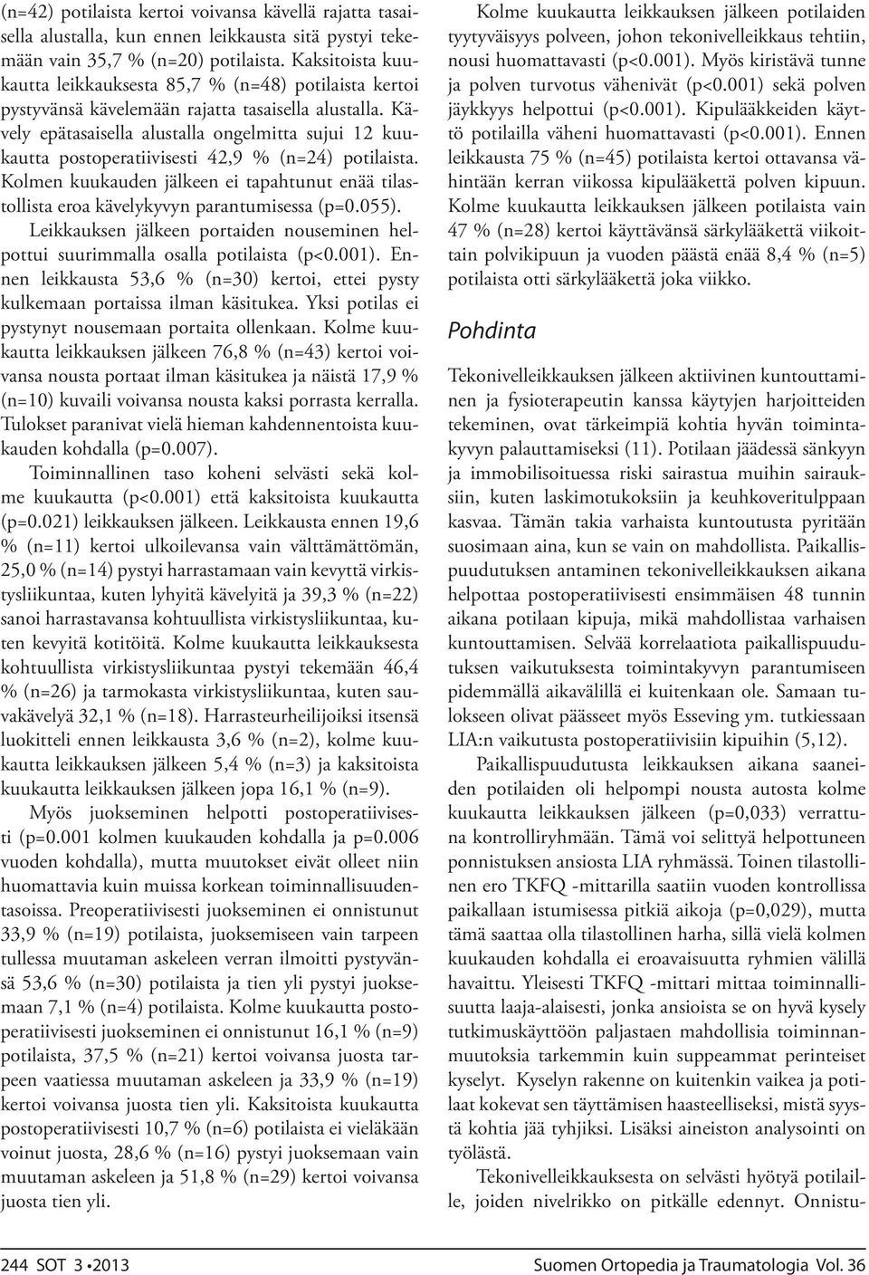 Kävely epätasaisella alustalla ongelmitta sujui 12 kuukautta postoperatiivisesti 42,9 % (n=24) potilaista.