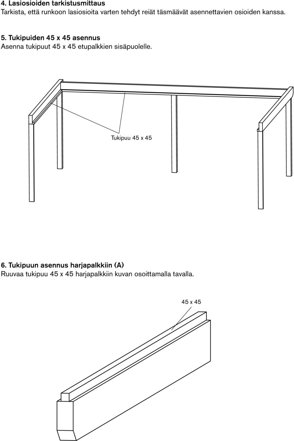 Tukipuiden 45 x 45 asennus Asenna tukipuut 45 x 45 etupalkkien sisäpuolelle.