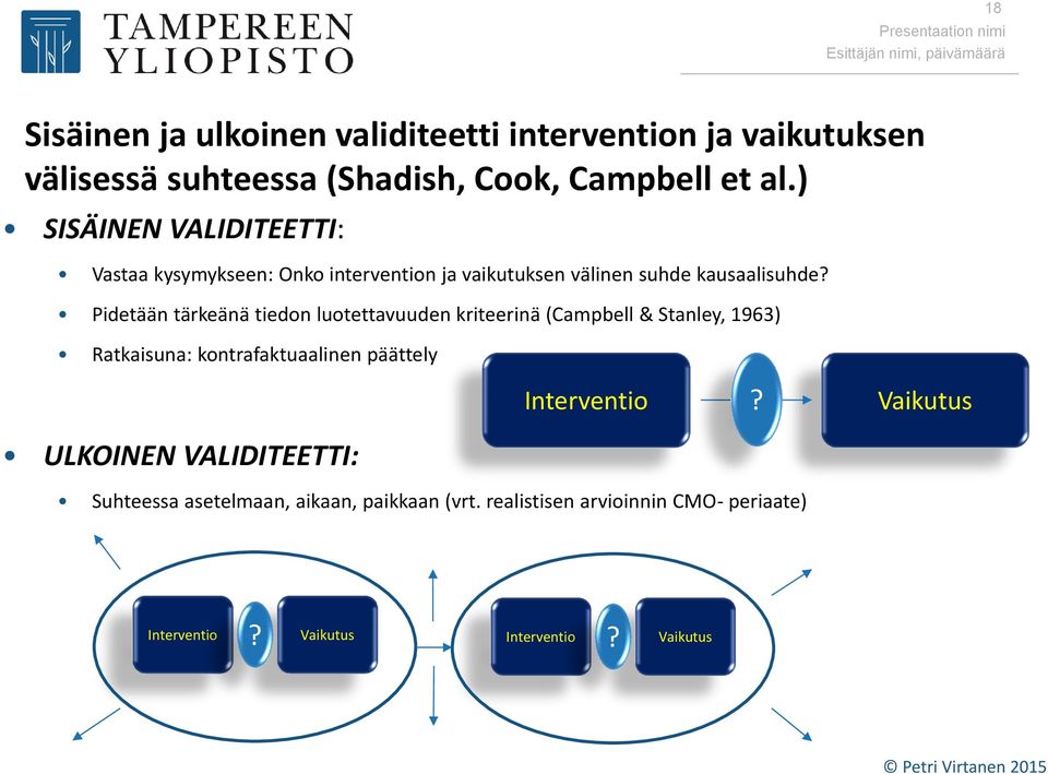 Pidetään tärkeänä tiedon luotettavuuden kriteerinä (Campbell & Stanley, 1963) Ratkaisuna: kontrafaktuaalinen päättely ULKOINEN