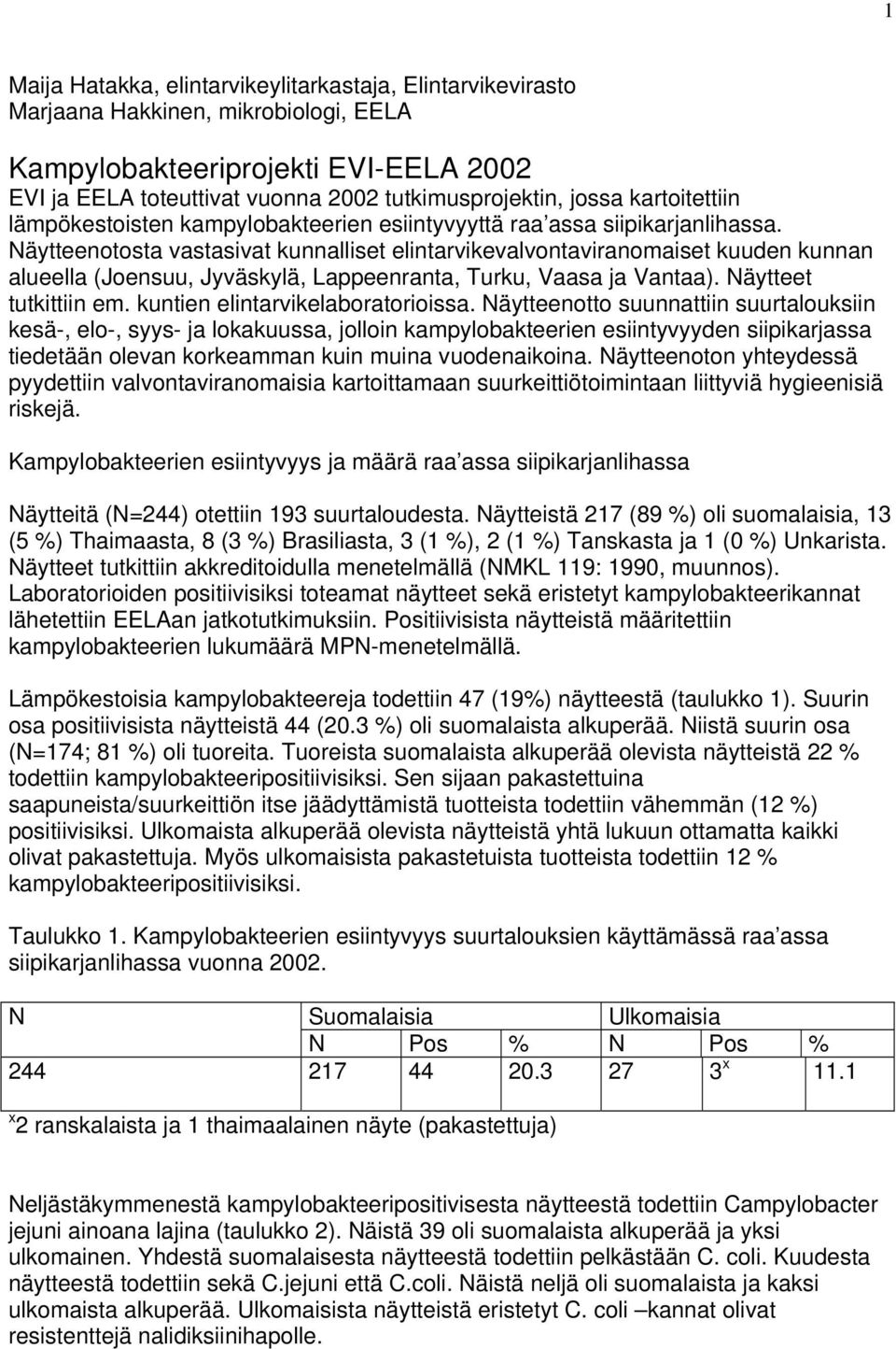 Näytteenotosta vastasivat kunnalliset elintarvikevalvontaviranomaiset kuuden kunnan alueella (Joensuu, Jyväskylä, Lappeenranta, Turku, Vaasa ja Vantaa). Näytteet tutkittiin em.