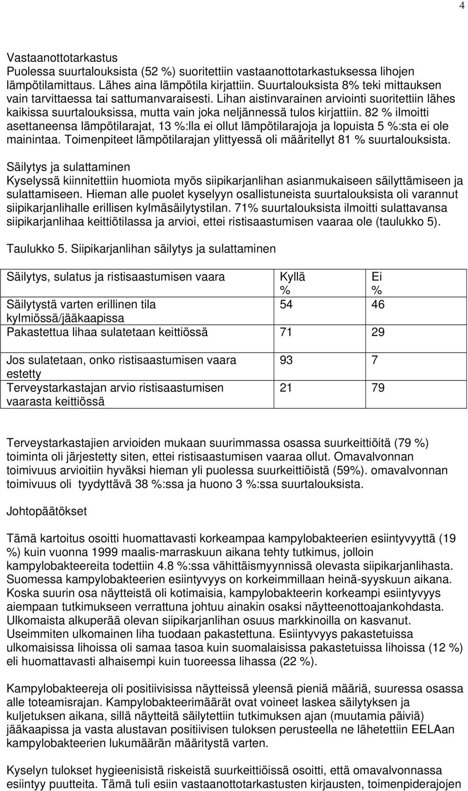 82 % ilmoitti asettaneensa lämpötilarajat, 13 %:lla ei ollut lämpötilarajoja ja lopuista 5 %:sta ei ole mainintaa. Toimenpiteet lämpötilarajan ylittyessä oli määritellyt 81 % suurtalouksista.