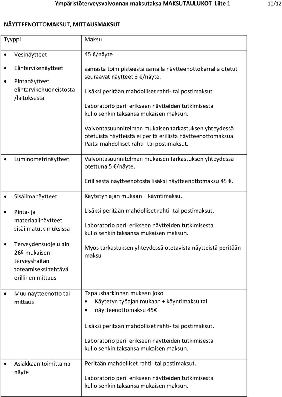 Lisäksi peritään mahdolliset rahti- tai postimaksut Laboratorio perii erikseen näytteiden tutkimisesta kulloisenkin taksansa mukaisen maksun.