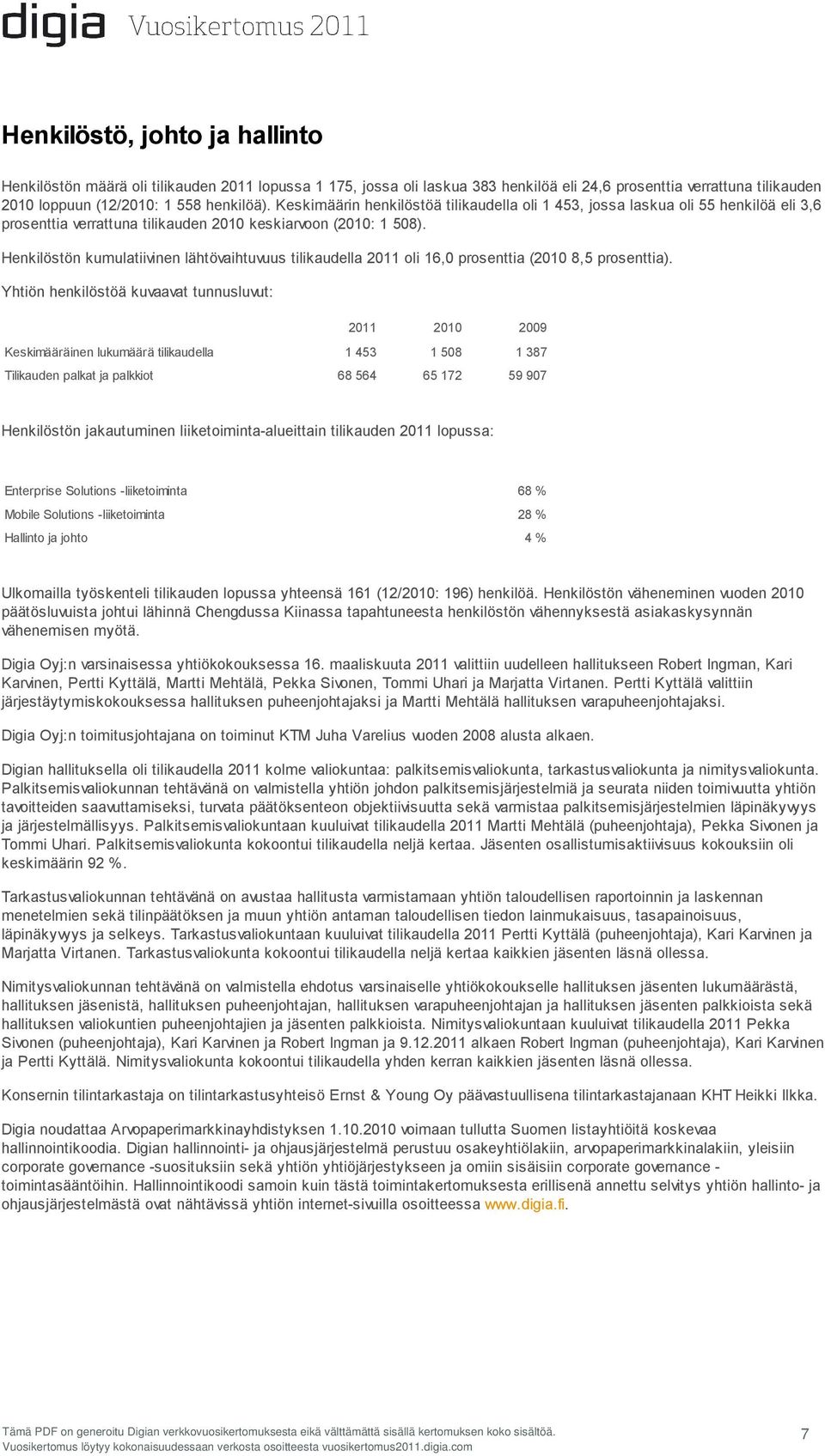 Henkilöstön kumulatiivinen lähtövaihtuvuus tilikaudella 2011 oli 16,0 prosenttia (2010 8,5 prosenttia).