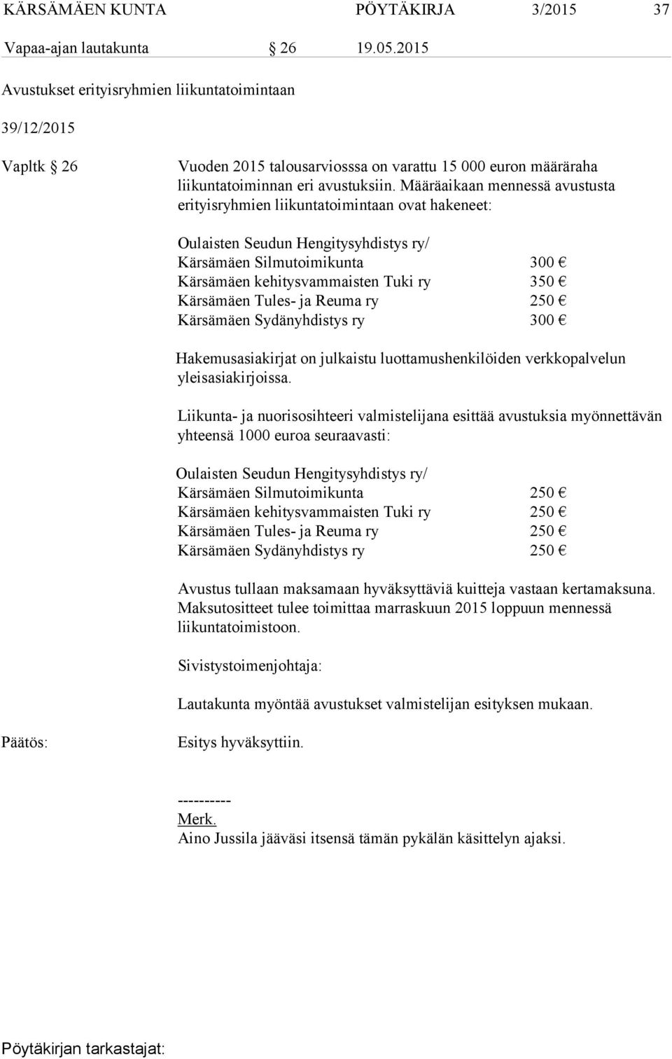 Määräaikaan mennessä avustusta erityisryhmien liikuntatoimintaan ovat hakeneet: Oulaisten Seudun Hengitysyhdistys ry/ Kärsämäen Silmutoimikunta 300 Kärsämäen kehitysvammaisten Tuki ry 350 Kärsämäen