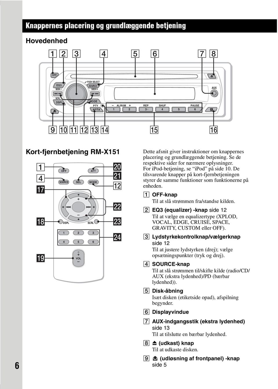 Se de respektive sider for nærmere oplysninger. For ipod-betjening, se ipod på side 10. De tilsvarende knapper på kort-fjernbetjeningen styrer de samme funktioner som funktionerne på enheden.