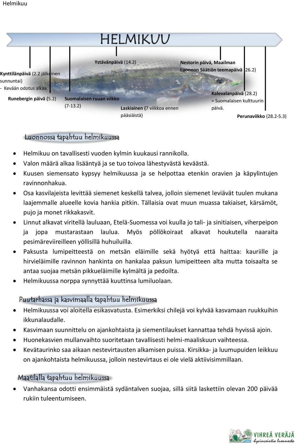 3) Luonnossa tapahtuu helmikuussa Helmikuu on tavallisesti vuoden kylmin kuukausi rannikolla. Valon määrä alkaa lisääntyä ja se tuo toivoa lähestyvästä keväästä.