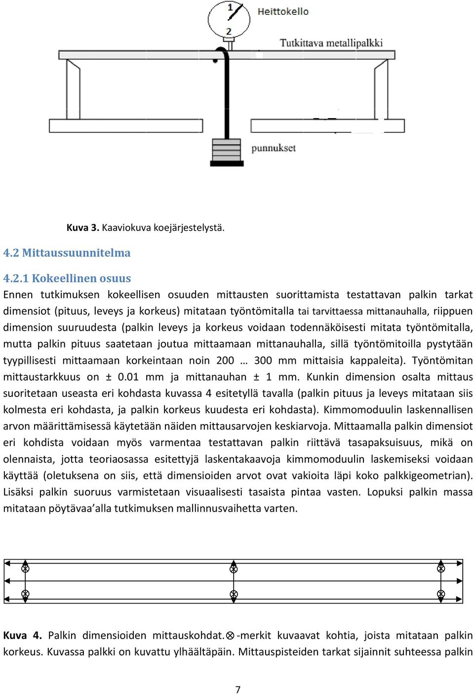 1 Kokeellinen osuus Ennen tutkimuksen kokeellisen osuuden mittausten suorittamista testattavan palkin tarkat dimensiot (pituus, leveys ja korkeus) mitataan työntömitalla tai tarvittaessa