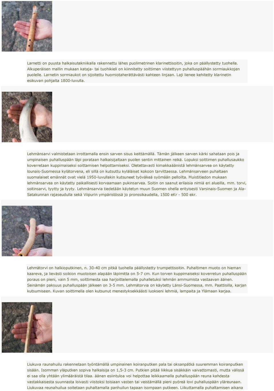 Laji lienee kehitetty klarinetin esikuvan pohjalta 1800-luvulla. Lehmänsarvi valmistetaan irrottamalla ensin sarven sisus keittämällä.