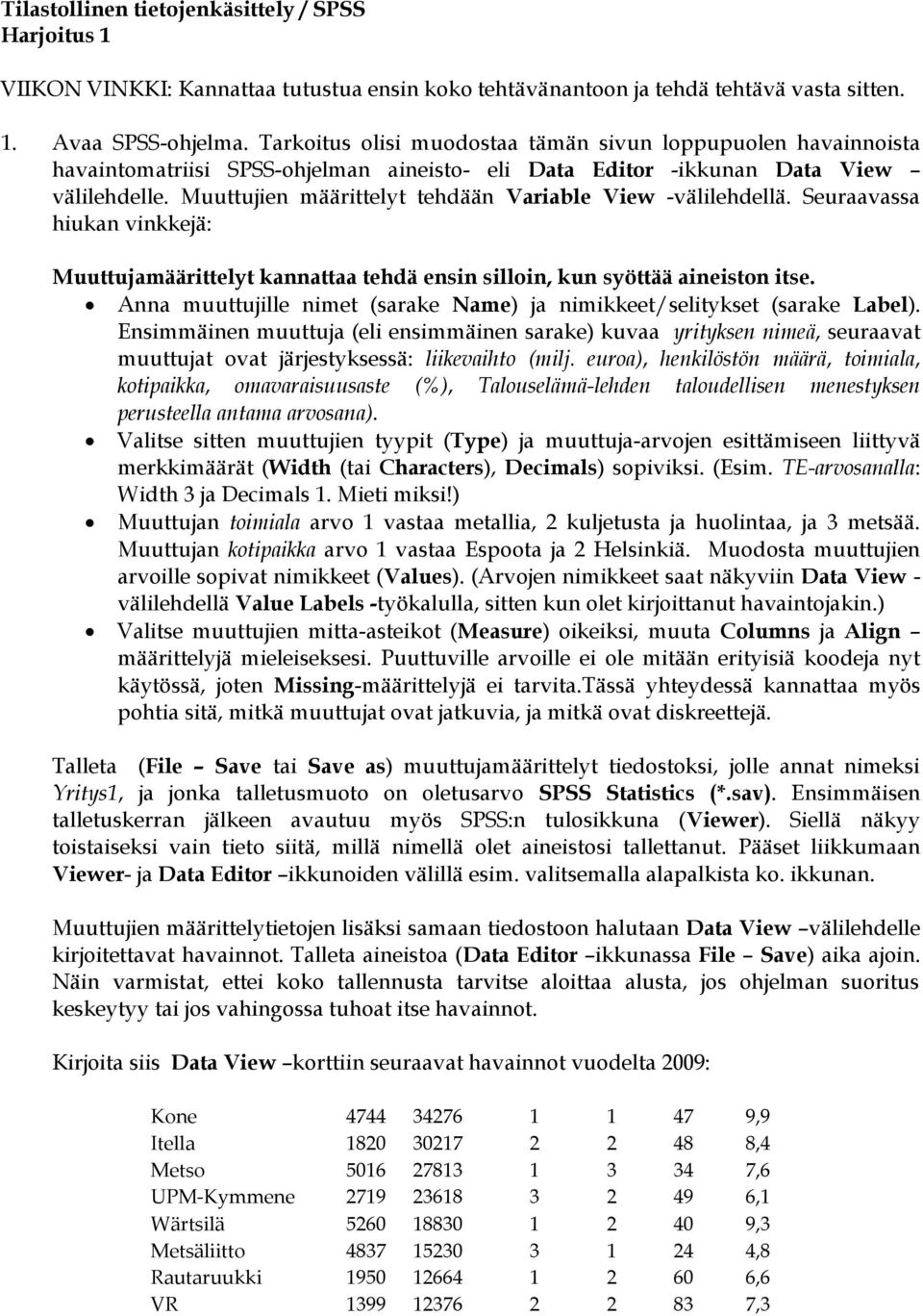 Muuttujien määrittelyt tehdään Variable View -välilehdellä. Seuraavassa hiukan vinkkejä: Muuttujamäärittelyt kannattaa tehdä ensin silloin, kun syöttää aineiston itse.