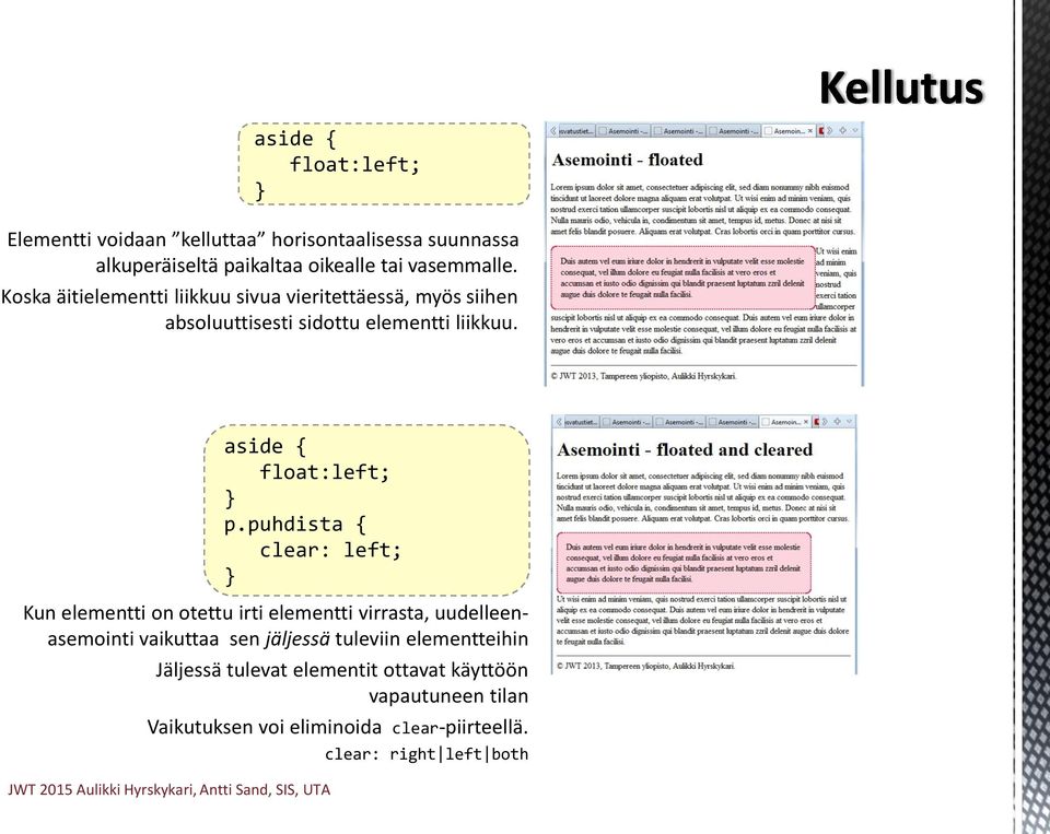 puhdista { clear: left; Kun elementti on otettu irti elementti virrasta, uudelleenasemointi vaikuttaa sen jäljessä tuleviin