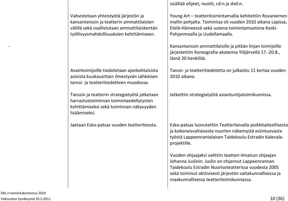 Young Art teatteritoimintamallia kehitettiin Rovaniemen mallin pohjalta. Toimintaa oli vuoden 2010 aikana Lapissa, Etelä Hämeessä sekä uutena toimintamuotona Keski Pohjanmaalla ja Uudellamaalla.