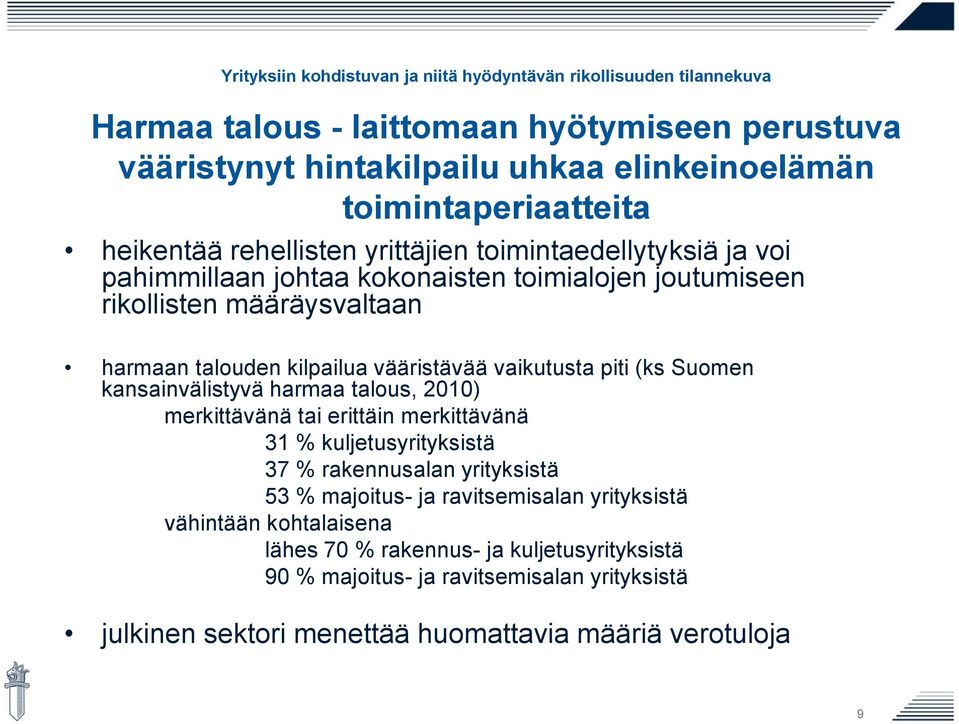 (ks Suomen kansainvälistyvä harmaa talous, 2010) merkittävänä tai erittäin merkittävänä 31 % kuljetusyrityksistä 37 % rakennusalan yrityksistä 53 % majoitus- ja
