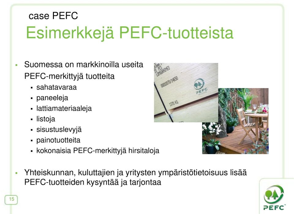 sisustuslevyjä painotuotteita kokonaisia PEFC-merkittyjä hirsitaloja