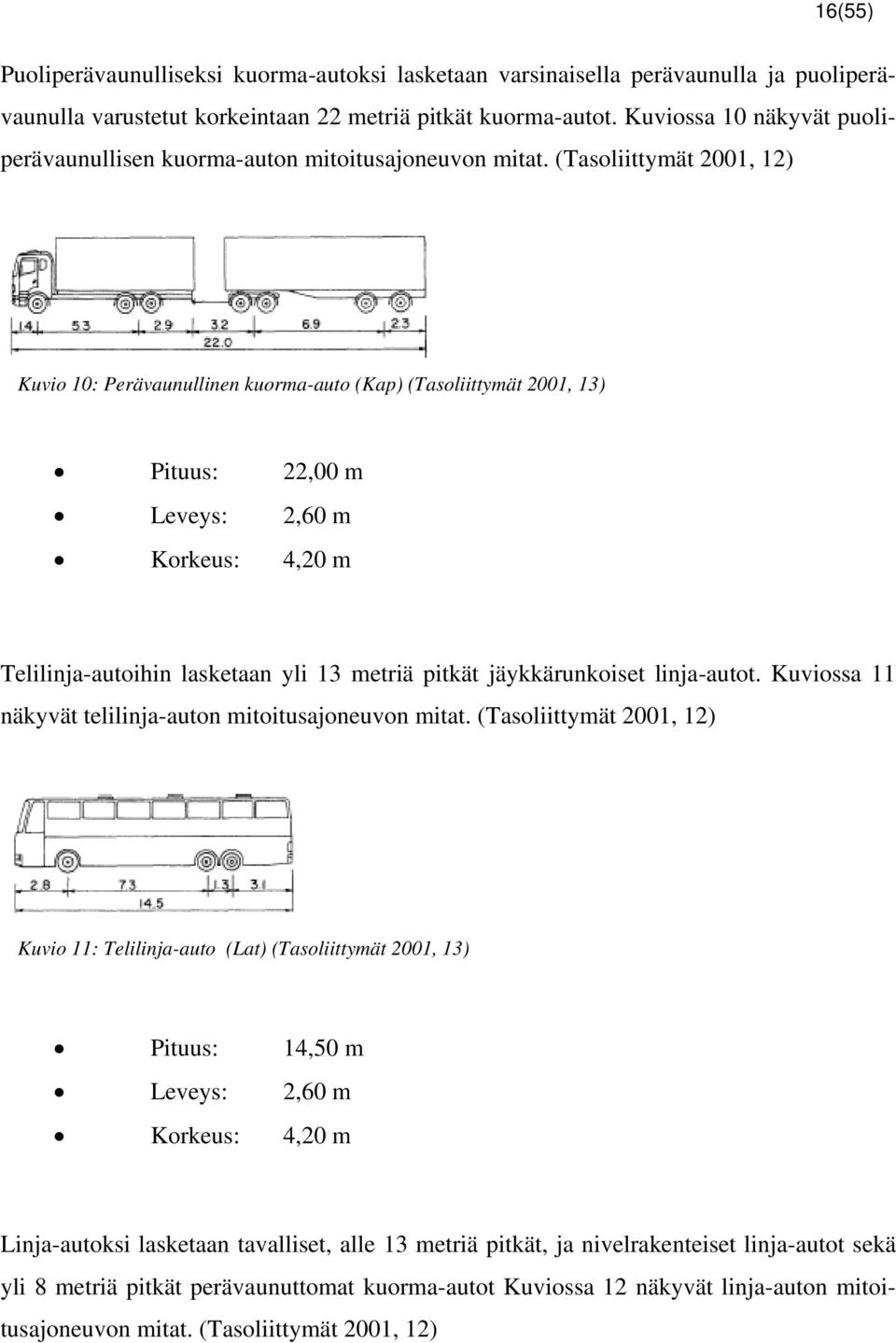 (Tasoliittymät 2001, 12) Kuvio 10: Perävaunullinen kuorma-auto (Kap) (Tasoliittymät 2001, 13) Pituus: 22,00 m Leveys: 2,60 m Korkeus: 4,20 m Telilinja-autoihin lasketaan yli 13 metriä pitkät