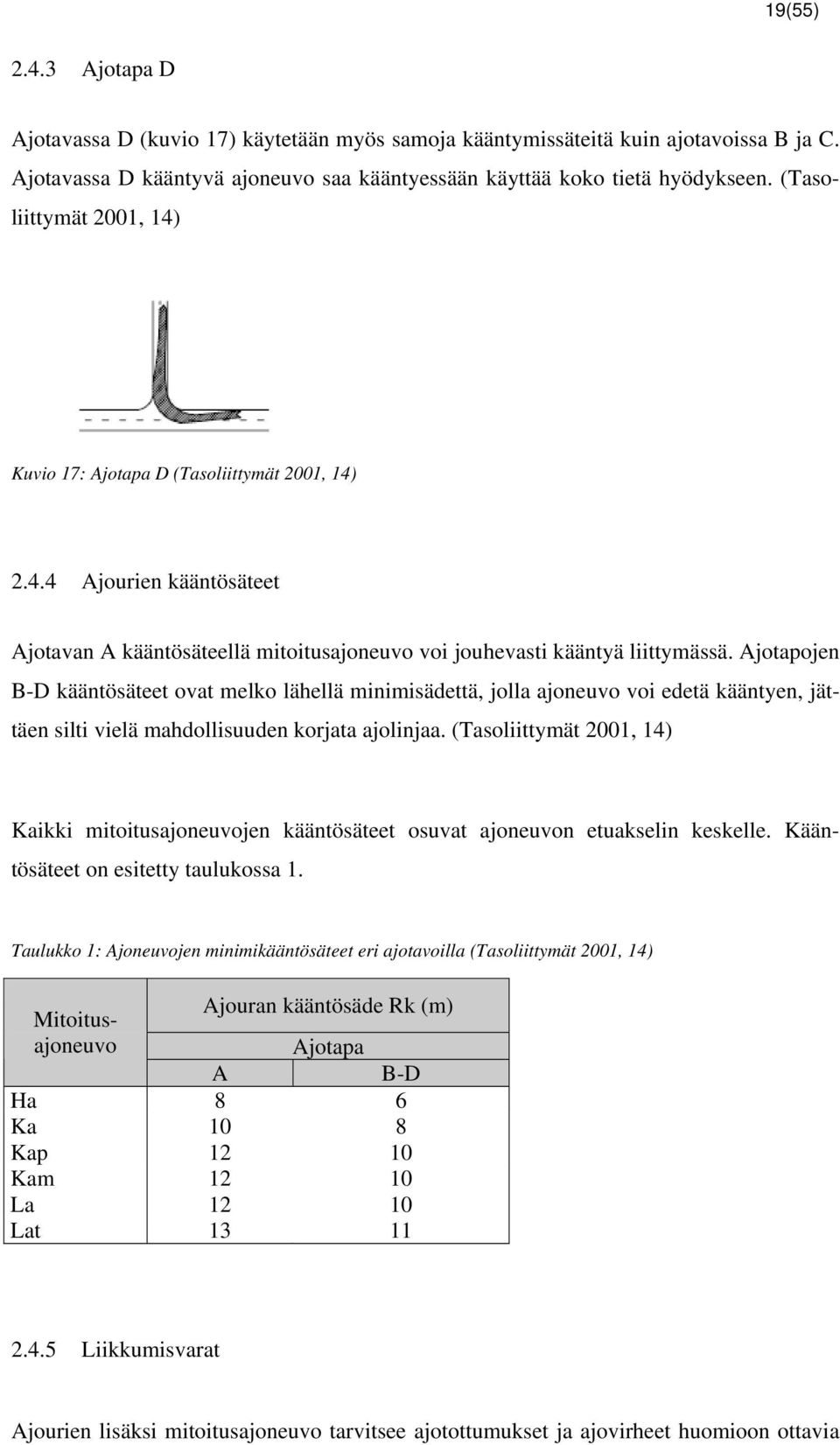 Ajotapojen B-D kääntösäteet ovat melko lähellä minimisädettä, jolla ajoneuvo voi edetä kääntyen, jättäen silti vielä mahdollisuuden korjata ajolinjaa.