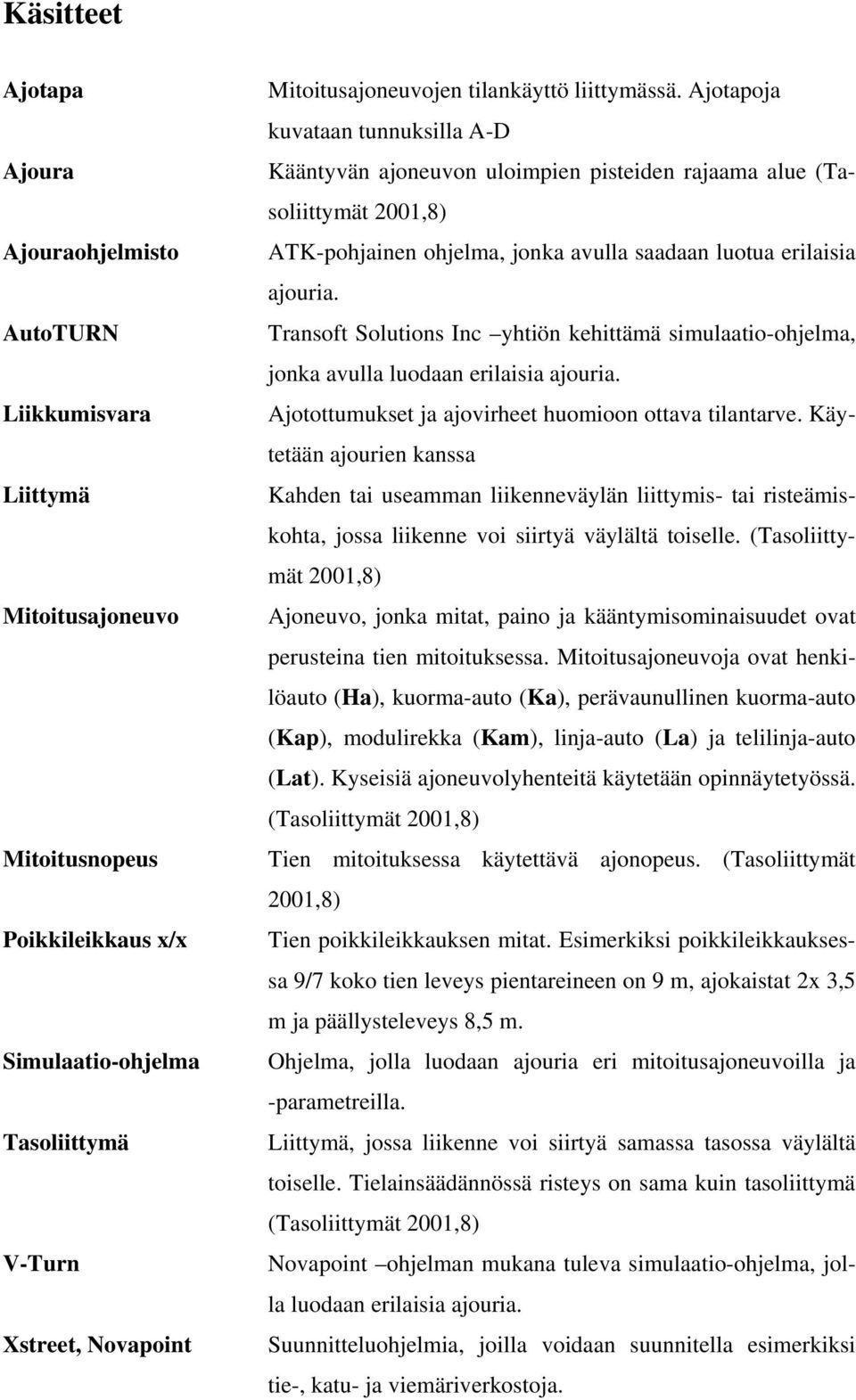 Ajotapoja kuvataan tunnuksilla A-D Kääntyvän ajoneuvon uloimpien pisteiden rajaama alue (Tasoliittymät 2001,8) ATK-pohjainen ohjelma, jonka avulla saadaan luotua erilaisia ajouria.