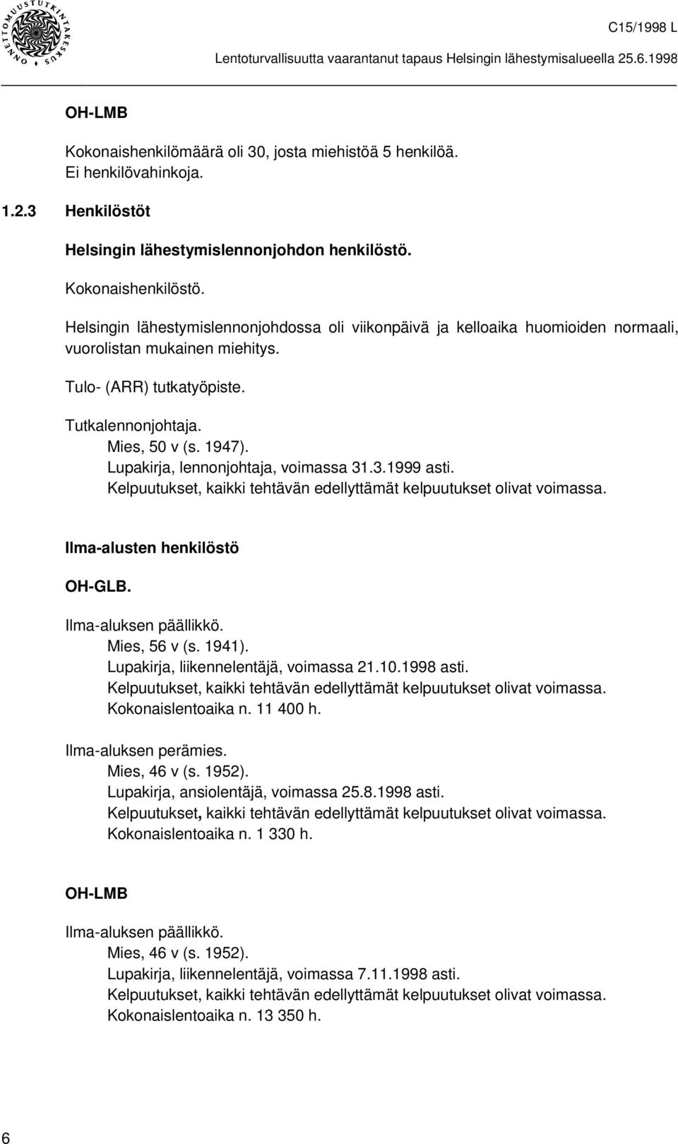 Lupakirja, lennonjohtaja, voimassa 31.3.1999 asti. Kelpuutukset, kaikki tehtävän edellyttämät kelpuutukset olivat voimassa. Ilma-alusten henkilöstö OH-GLB. Ilma-aluksen päällikkö. Mies, 56 v (s.
